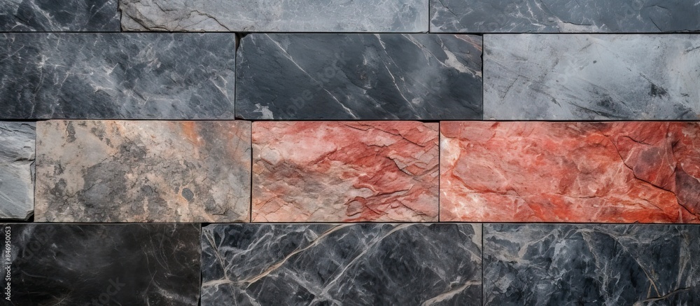 Poster close-up view of a wall with a striking red and black marble pattern. natural marble texture on ston