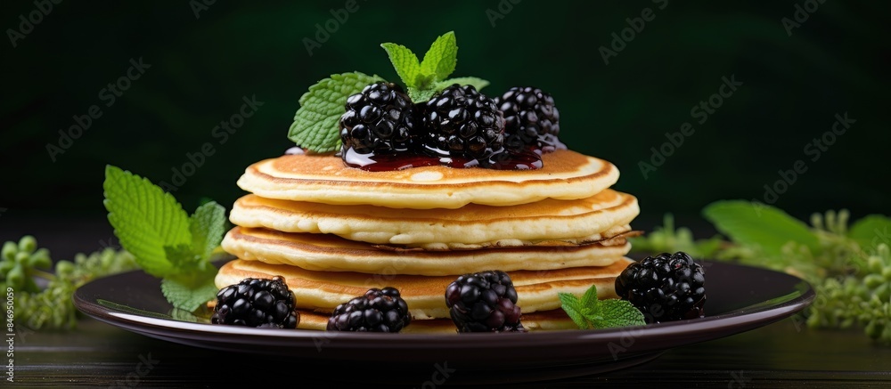 Fototapete Pancake topped with blackberries served on a plate with sweet syrup drizzle. with copy space image. Place for adding text or design