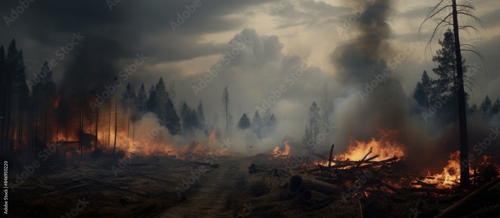 Leinwandbilder Dense forest area ablaze with trees engulfed in flames and smoke, depicting a destructive wildfire. with copy space image. Place for adding text or design