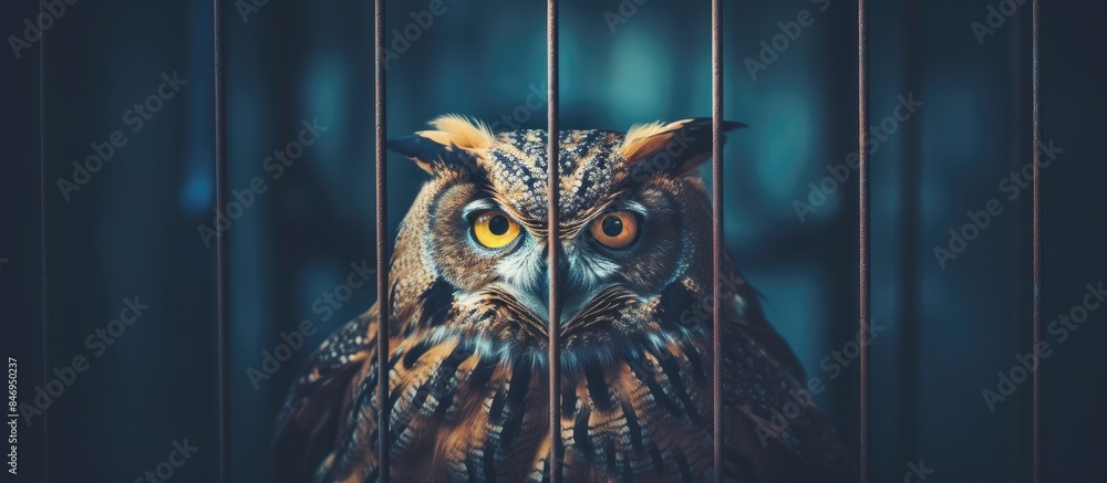 Poster A solemn owl with striking yellow eyes rests peacefully within the confines of a cage. with copy space image. Place for adding text or design