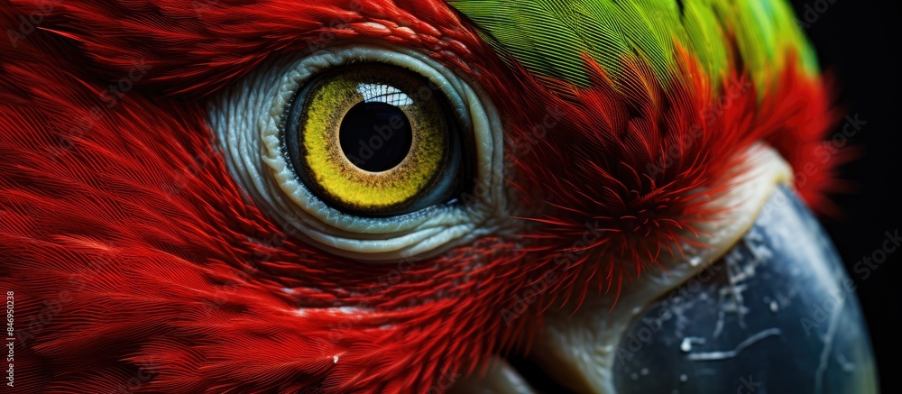 Poster A detailed view of a parrot's eye featuring vibrant green and red feathers surrounding it. with copy space image. Place for adding text or design