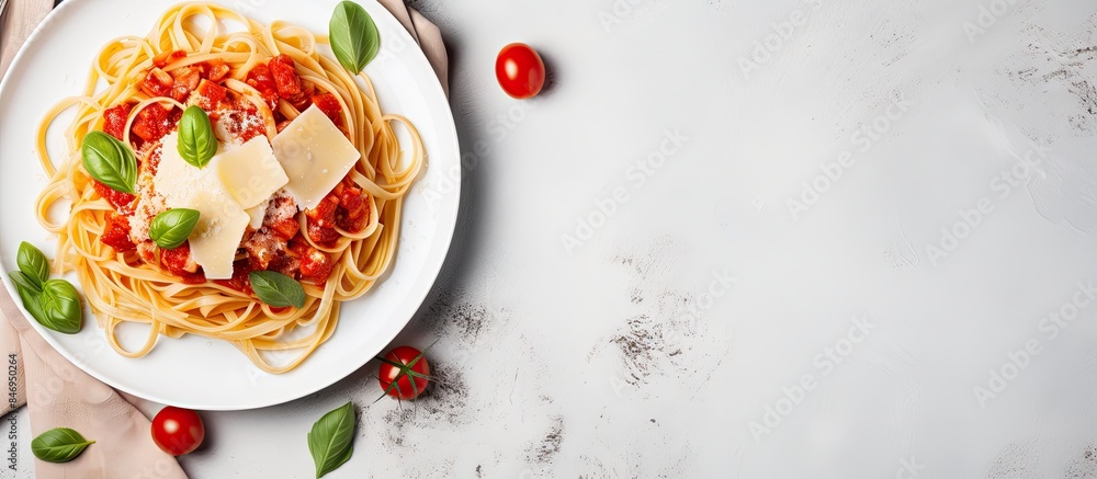 Poster plate of spaghetti topped with tomato sauce and fresh basil, presented up close. classic italian dis