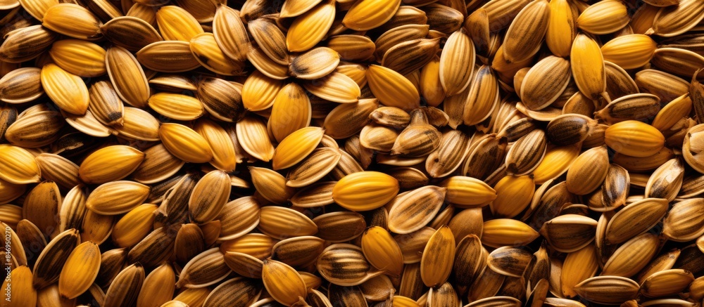 Poster Assorted and plentiful seeds in a close-up view forming a pile, showcasing variety and abundance. with copy space image. Place for adding text or design