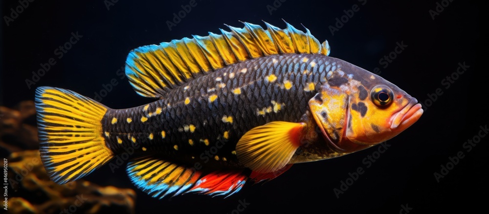 Poster close-up of a striking fish with a vibrant yellow and black body, showcasing the vieja maculicauda b