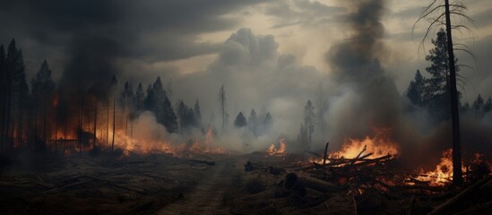 Fototapeta premium Dense forest area ablaze with trees engulfed in flames and smoke, depicting a destructive wildfire. with copy space image. Place for adding text or design
