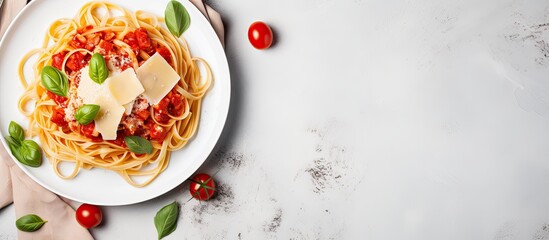 Plate of spaghetti topped with tomato sauce and fresh basil, presented up close. Classic Italian dish with parmesan cheese. with copy space image. Place for adding text or design