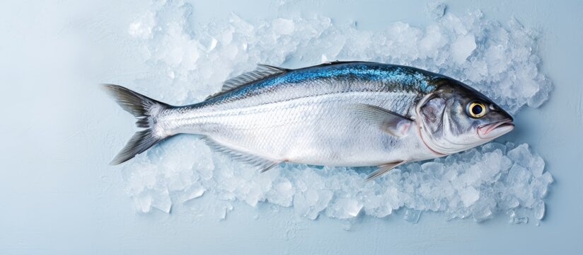A bluefish Pomatomus saltatrix seen from above, laying on a bed of ice. with copy space image. Place for adding text or design