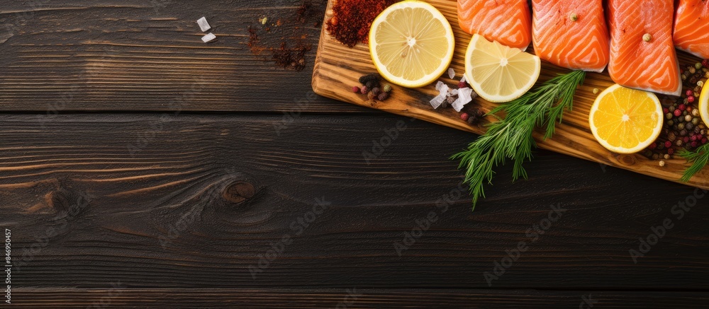 Poster fresh slices of salmon arranged with lemon slices and various spices on a wooden cutting board. with