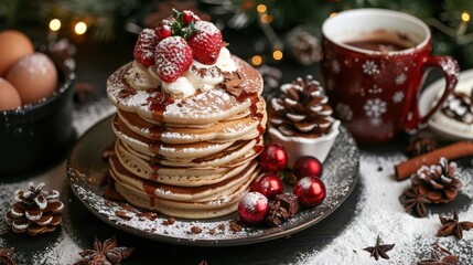 A festive Christmas Day breakfast with pancakes, eggs, and hot cocoa