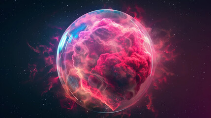 Obraz premium 3D Spectacular cosmic cloud explosion within transparent sphere with black background. Nebula and stars in space concept with purple neon. Abstract wallpaper and creative design, AI Generative.