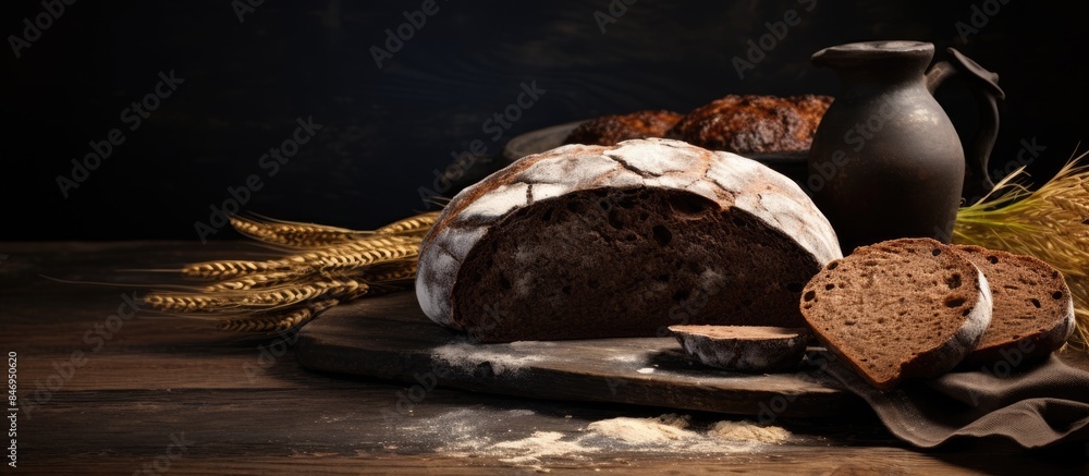 Poster close-up of a loaf of bread on a cutting board with wheat, showcasing natural hand-made black bread 
