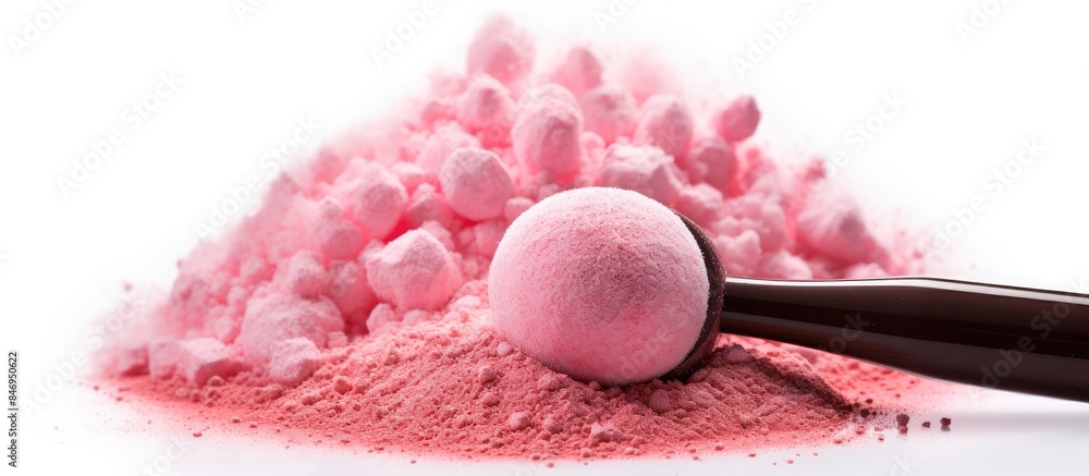 Aufkleber Pink powdered substance with a brush placed on top of a mound of powder. with copy space image. Place for adding text or design
