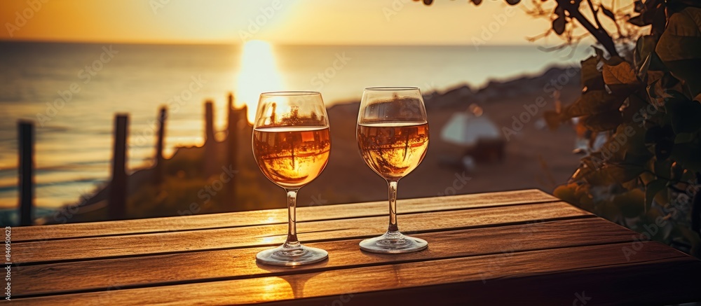 Aufkleber Glasses of wine placed on a wooden table with the sea in the background, creating a serene coastal scene. with copy space image. Place for adding text or design