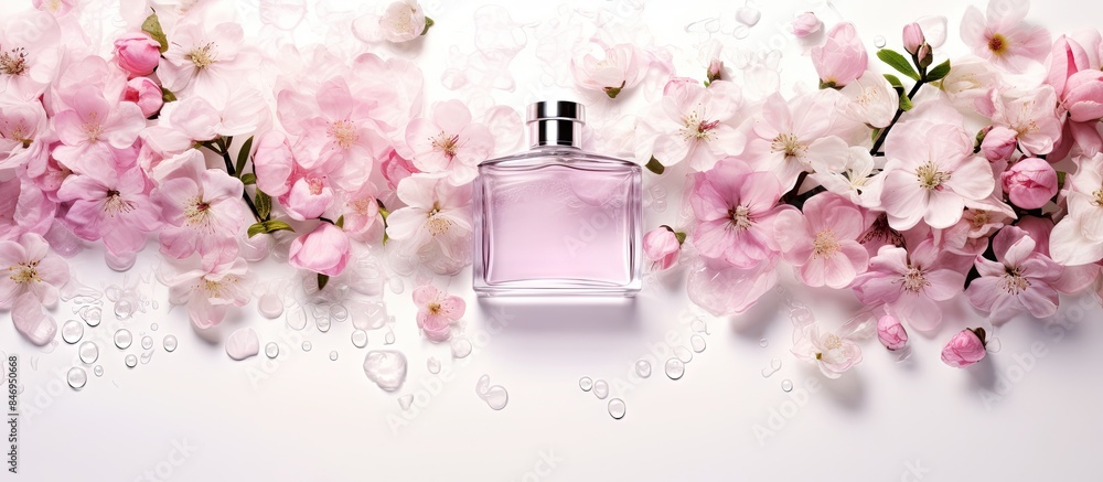 Leinwandbilder a close-up view showing a bottle of perfume surrounded by delicate pink flowers for a feminine and f