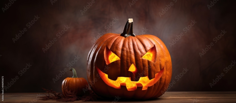 Poster a carved pumpkin with a spooky face next to a leaf, perfect for halloween decorations. with copy spa
