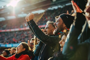 A group of enthusiastic fans cheering passionately during a football game, showcasing excitement and team spirit in the crowd