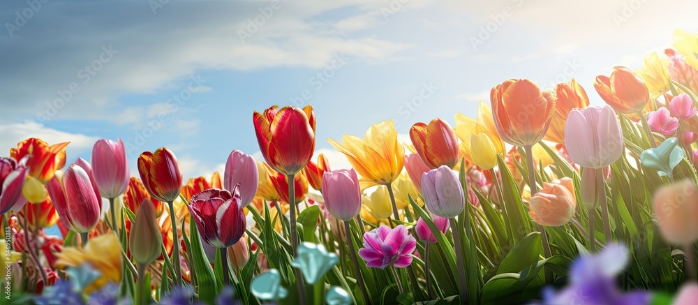 Poster Vivid tulip flowers flourishing in a field under a beautiful blue sky backdrop. with copy space image. Place for adding text or design