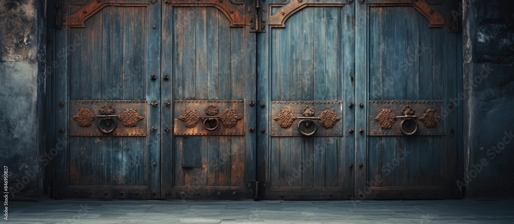 Poster Vintage door featuring numerous handles for a unique and aged appearance. with copy space image. Place for adding text or design