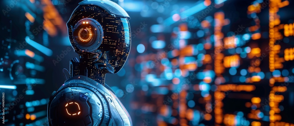 Poster futuristic robot in a data center with vibrant blue and orange lighting, symbolizing advanced techno