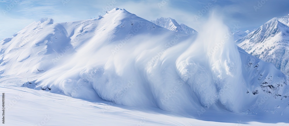 Poster Snowboarder gracefully riding down a snow-covered mountain with a backdrop of clear blue sky. with copy space image. Place for adding text or design