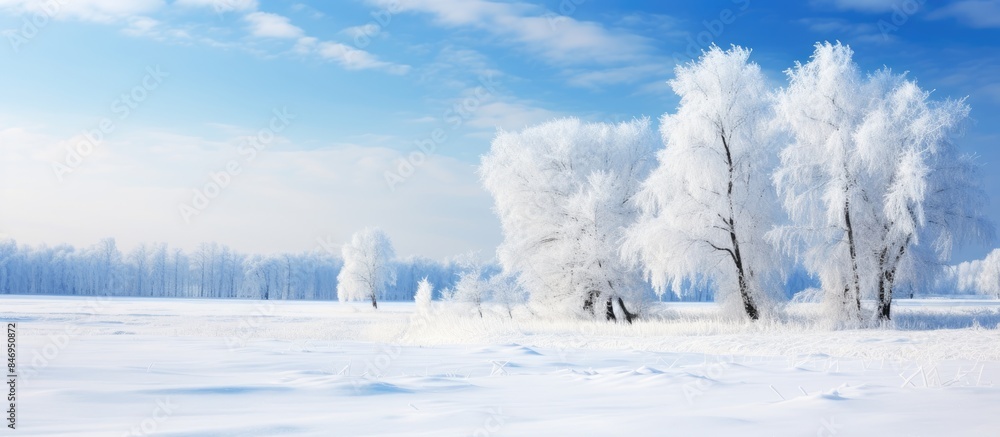 Poster snow adorns the trees in a picturesque winter scene against a backdrop of clear blue skies. with cop