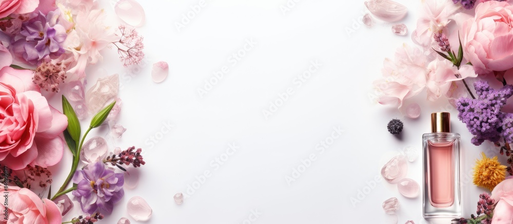 Leinwandbilder A close-up shot of a perfume bottle surrounded by a variety of colorful and fragrant flowers. with copy space image. Place for adding text or design