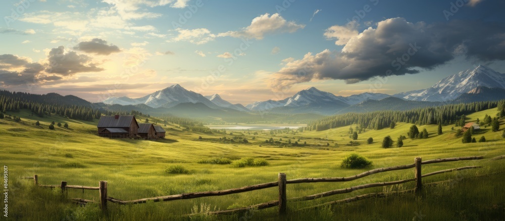 Poster A serene painting capturing a house nestled in a vast field with majestic mountains in the backdrop, offering scenic country views. with copy space image. Place for adding text or design
