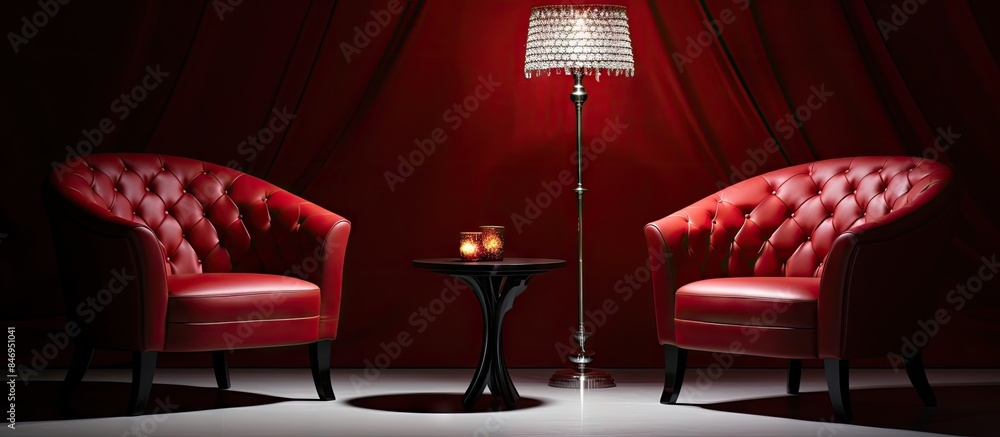 Aufkleber Luxurious and elegant red chairs paired with a table featuring a decorative candle. with copy space image. Place for adding text or design