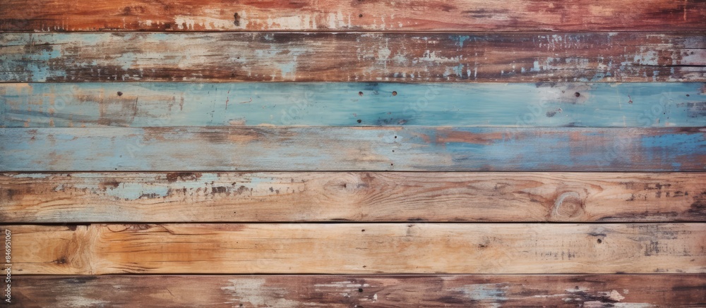Poster Vintage weathered wooden surface with blue and brown paint in a close-up view, creating a rustic background. with copy space image. Place for adding text or design