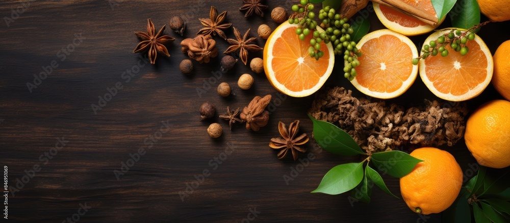 Leinwandbilder arrangement of oranges, anise seeds, and nuts placed on a flat surface. with copy space image. place
