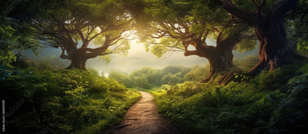 Poster traverse a tranquil forest trail surrounded by tall trees and vibrant grass, guiding you through nat