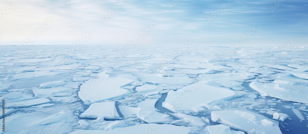 Poster Blue sea ice structure in the Arctic, showing white pancake ice formation floating in the water under a clear blue sky. with copy space image. Place for adding text or design