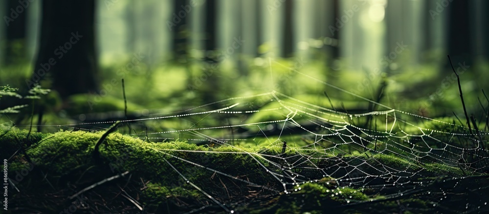 Poster Spiderweb intricately woven in lush forest moss environment. with copy space image. Place for adding text or design