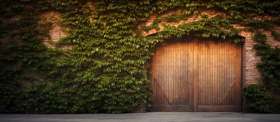 Wooden door surrounded by lush green vines with a brick wall covered in ivy during sunset. with copy space image. Place for adding text or design