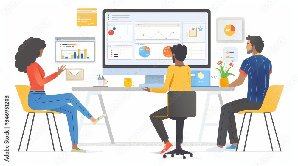 Aufkleber group of professionals collaborating in a modern office environment, analyzing data on multiple scre