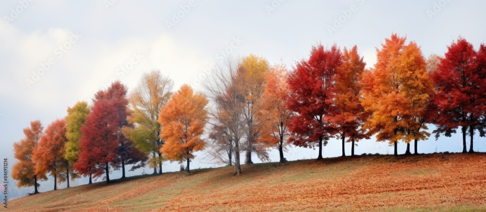 Poster Maple trees with vibrant colored leaves spread across the hill. with copy space image. Place for adding text or design