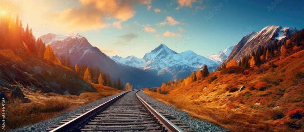 Poster Railway cutting through scenic mountains for train transportation. with copy space image. Place for adding text or design