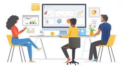 Group of professionals collaborating in a modern office environment, analyzing data on multiple screens for business insights.