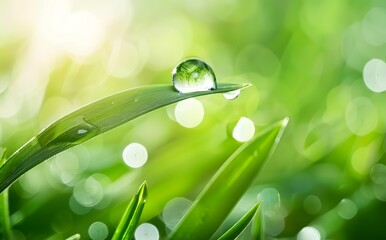 Water droplet on the edge of a green leaf in a closeup macro shot, with a nature background