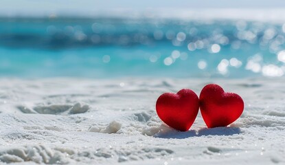 Fototapeta premium Two red hearts on white beach with blue sea background, Valentine's Day concept banner. Love and romance, romantic mood, copy space for text