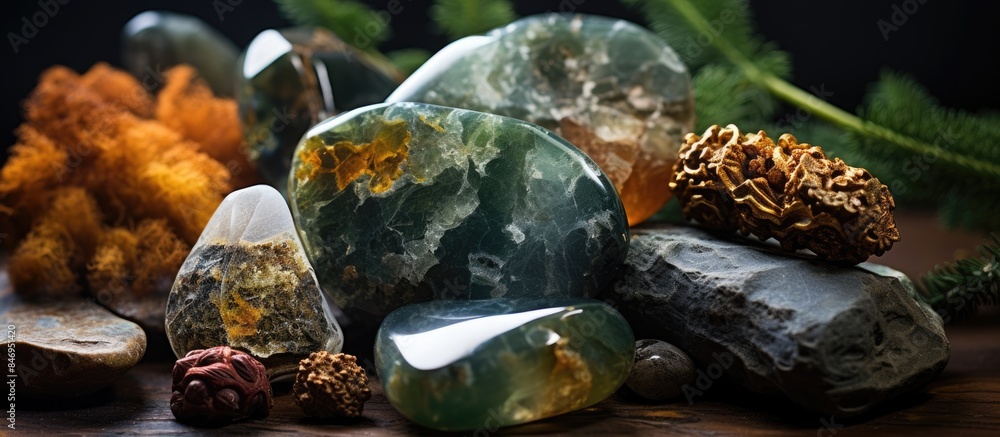 Aufkleber Pile of rocks and pine cones seen up close, showcasing natural textures and colors in a harmonious display. with copy space image. Place for adding text or design