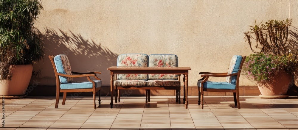 Poster Outdoor furniture set with two chairs and a table placed on a tiled terrace. with copy space image. Place for adding text or design