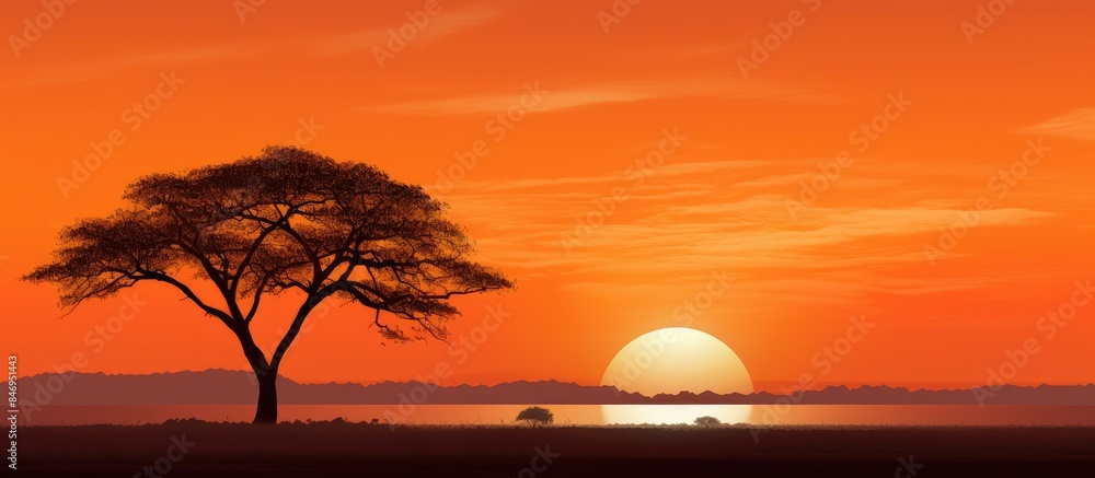 Aufkleber Orange sunset creates a serene silhouette over a horizon with a lone tree in front of a large body of water. with copy space image. Place for adding text or design