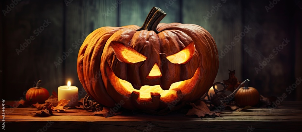 Aufkleber A spooky Halloween jack o lantern with a terrifying carved face illuminated by candlelight. with copy space image. Place for adding text or design