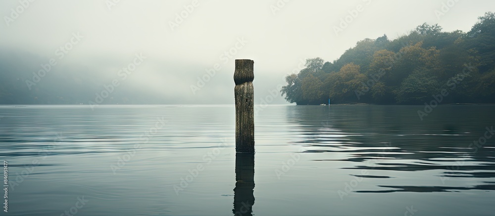 Poster wooden post protruding from calm lake water, suggesting a mooring post along a serene river. with co