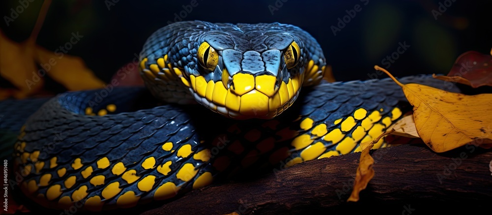 Poster large mangrove snake with vivid black-blue color and bright yellow narrow rings, up to 2.5 meters lo