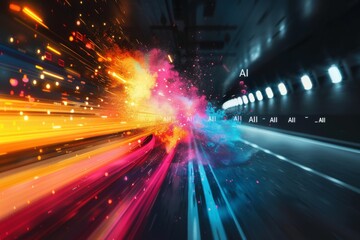 Obraz premium AI light trails in futuristic tunnel, digital art, technology innovation, artificial intelligence, high tech visuals, cyberpunk theme, modern design