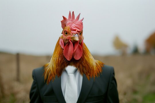Humorous image of a rooster head on a businessman's body in a suit - Powered by Adobe