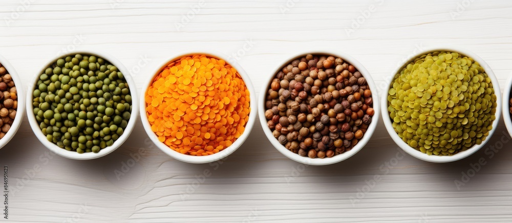Poster different types of beans like lentils and bio products displayed in a row of bowls in a close-up sho