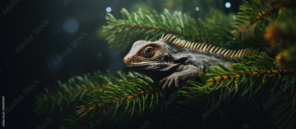 Aufkleber Tiny reptile sitting amidst spruce twigs in dim forest light, with focus on foreground. with copy space image. Place for adding text or design